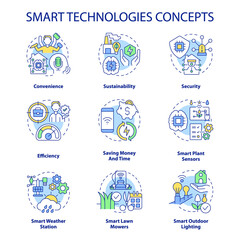 Smart technologies concept icons set. Iot devices idea thin line color illustrations. Saving money and time. Convenience. Isolated symbols. Editable stroke. Roboto-Medium, Myriad Pro-Bold fonts used