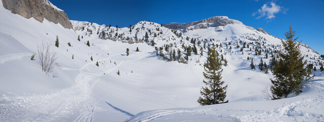 Fototapeta na wymiar walking route in beautiful snow covered winter landscape rofan mountain, austria