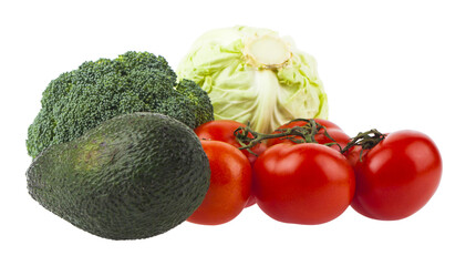 Tomatoes, avocado, cabbage and broccoli isolated on white background,
