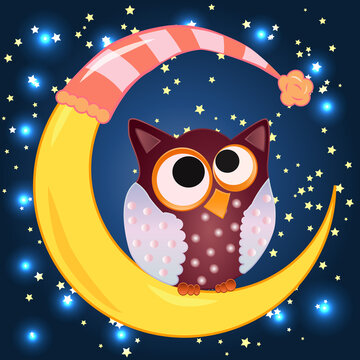 A sweet cartoon owl in a sleeping cap sits on drowsy crescent moon against the background of night sky with stars