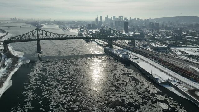 Montreal City Jacques Cartiers bridge and downtown buildings in the background