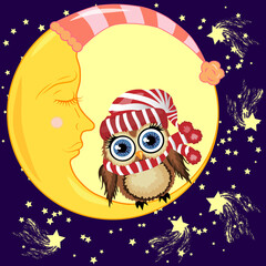 Fototapeta premium A lovely cartoon brown owl in a red hat and scarf sits on a drowsy crescent moon against the background of the night sky with stars