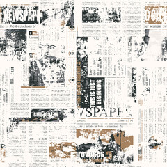 Abstract seamless pattern with scuffed collage of newspaper or magazine clippings. Vector background in grunge style with titles, illustrations and imitation of text. Wallpaper, wrapping paper, fabric - 484699284