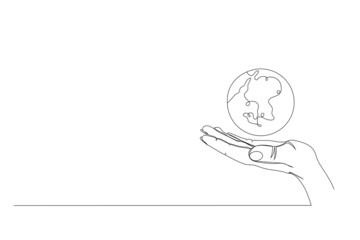 Continuous one line drawing. Hand holding Earth globe. Vector illustration.