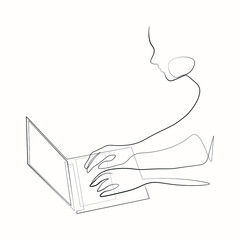 continuous line working with computers company employee student technology modern hand drawn vector illustration doodle one line
