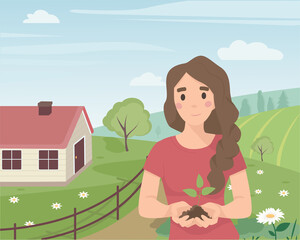 Obraz na płótnie Canvas Gardening girl holding plant with ground