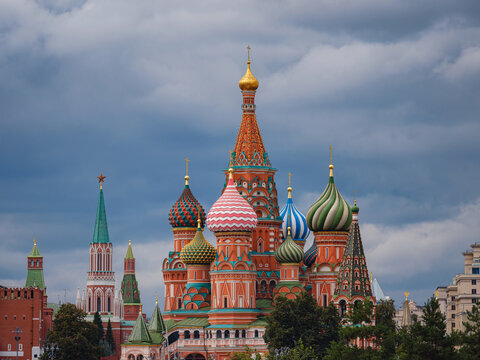 travel to moscow, russia, main tourist attractions. Basil's Cathedral on Red Square in Moscow on a cloudy day