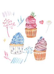 Watercolor food illustration. Watercolor cupcakes set. Creamy cupcakes. Pink and blue cake with strawberry, sprinkles and flowers. Lovely and romantic illustration. Watercolor pastry and confectionery