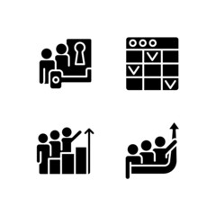 Team project black glyph icons set on white space. Problem solving. Management software. Common goal. Professional partnership. Silhouette symbols. Solid pictogram pack. Vector isolated illustration