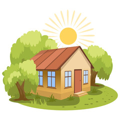 Naklejka premium Summer landscape. House surrounded by trees