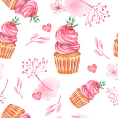 Watercolor seamless pattern. Watercolor food illustration. Watercolor cupcakes pattern. Pink cake. Love and romantic watercolor design. Idea for bedding, decor, wrapping paper, gifts, cards, greetings