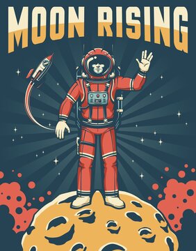 Spaceman in red space suit on the Moon - sky-fi retro poster. Astronaut on planet with craters shows Vulcan salute gesture. Vector illustration in vintage style.