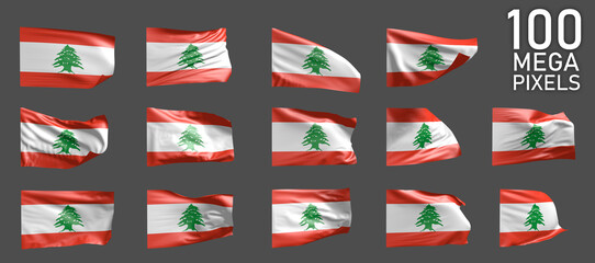 14 various images of Lebanon flag isolated on grey background - 3D illustration of object