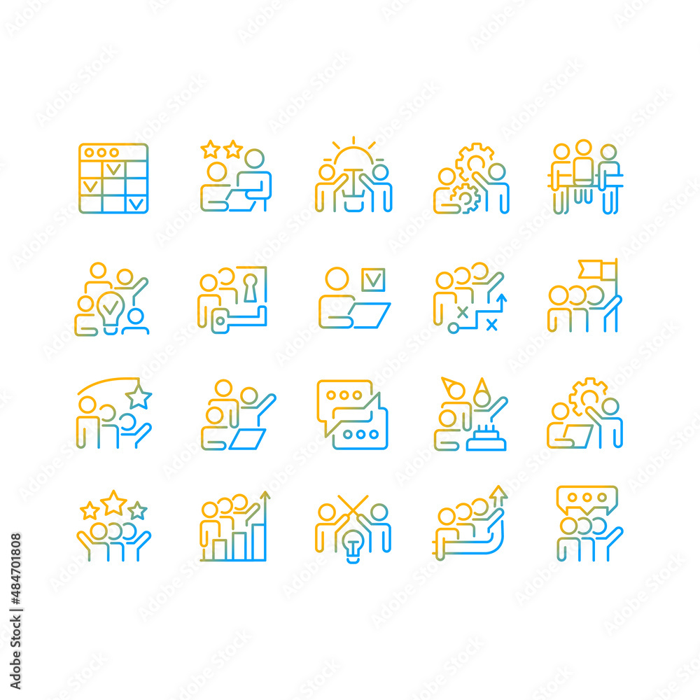 Poster teamwork gradient linear vector icons set. cooperation on projects. collaboration for work goals. th