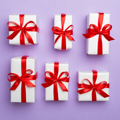 Top view of gift boxes on color background