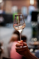 wine glass in the male sommelier's hand. Wine bar or winery. degustation.