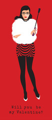 Valentine's day concept background. Cute love banner or greeting card, girl with red lips in fur coat.