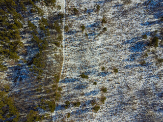 High above flight over winter forests and fields,