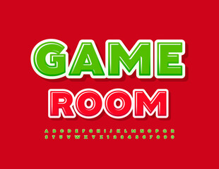 Vector bright poster Game Room with Green modern Font. Glossy set of Alphabet Letters and Numbers