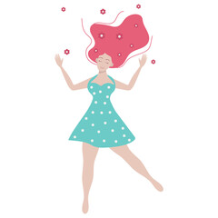 Happy woman plus size. Body positive. The girl smiles. Flat drawing style. The trending color palette is green and pink. Isolated object on a white background. Vector illustration.