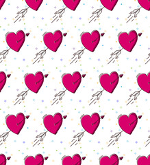 seamless pattern for valentine's day. Bright red hearts pierced by an arrow in MBE style. For decorative design.