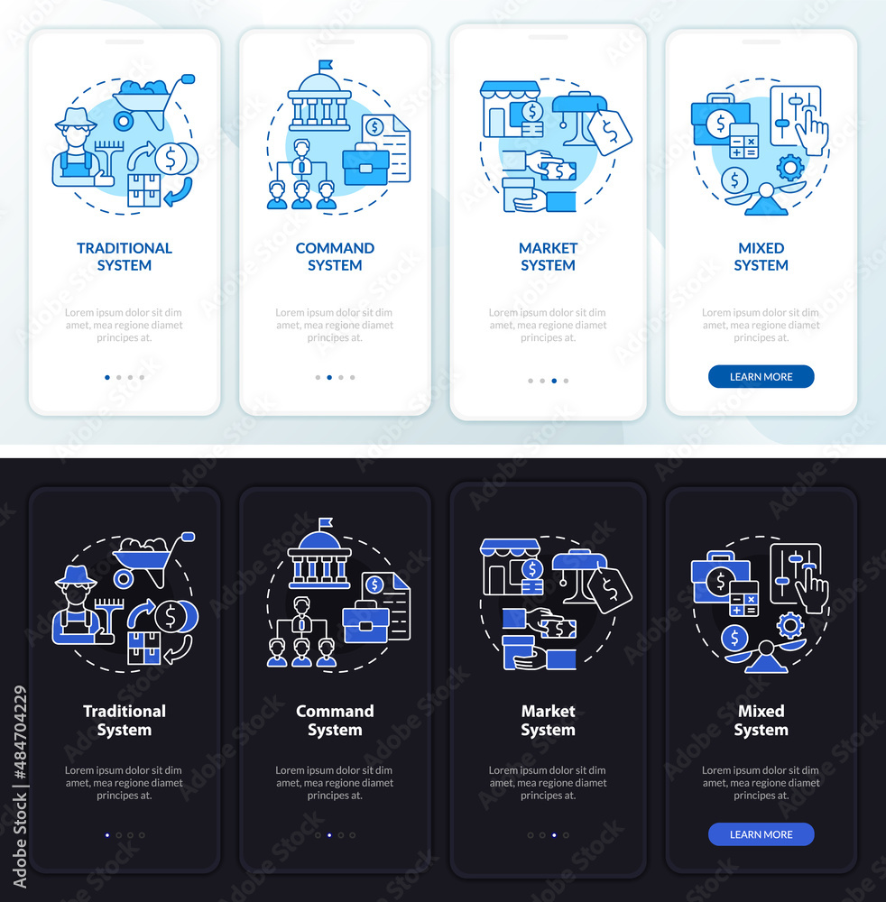 Poster economic system types night and day mode onboarding mobile app screen. walkthrough 4 steps graphic i