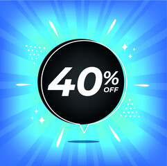 40% off. Blue banner with forty percent discount on a black balloon for mega big sales.