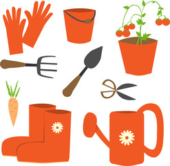 Red set of gardening tools and plants
