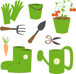 Green set of gardening tools and plants