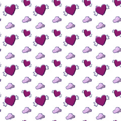 seamless pattern for valentine's day. Bright red hearts flying in the clouds. Love is in the sky. MBE style. For decorative design.