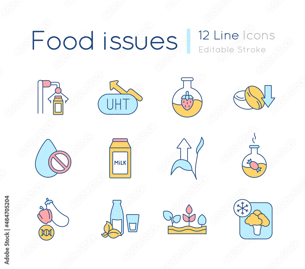 Poster food issues rgb color icons set. processing methods. food preservation. isolated vector illustration