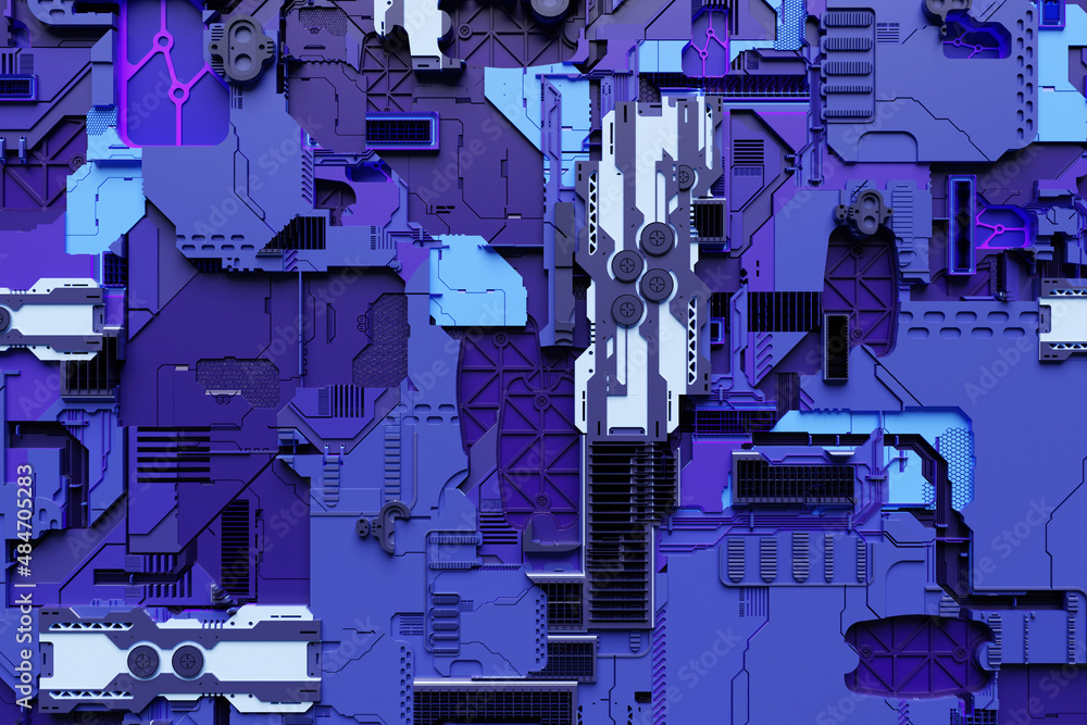 Poster 3d illustration of a pattern in the form of a metal, technological plating of a spaceship or a robot