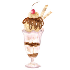 Watercolor illustration of ice cream in a glass cup. Sweet ice cream with cherries and chocolate to create a design