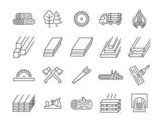 Lumber line icon set. Sawmill collection with log, axe, logging truck, saw, tree, carpentry. Editable stroke. - 484705637