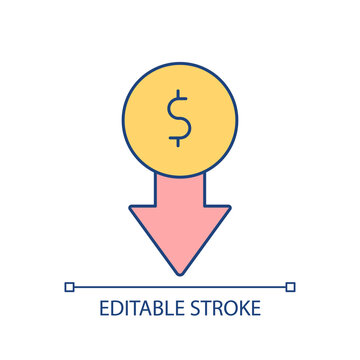 Decreasing price RGB color icon. Cost reduction. Lower expenses and expenditures. Discount and sale. Isolated vector illustration. Simple filled line drawing. Editable stroke. Arial font used