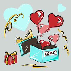 Greeting card, congratulations on Valentine's Day. Love, relationships, gifts, balloons, hearts. A box with a gift, a surprise. Vector isolated objects.