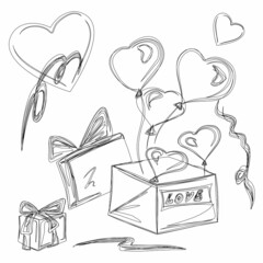 Greeting card, congratulations on Valentine's Day. Love, relationships, gifts, balloons, hearts. A box with a gift, a surprise. Vector isolated objects.