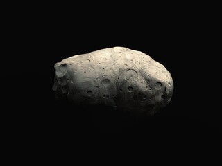 Large rocky asteroid with craters on a black background. Surface of cosmic stone. Dangerous heavenly body. 