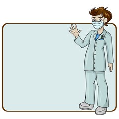 A card, a business card with an empty place to insert. A doctor, a dentist stands in a doctor's suit and mask. Vector
