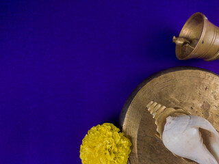 puja essentials kashor, conch shell and ghanta, puja bell,gong bell made of brass used in hindu...