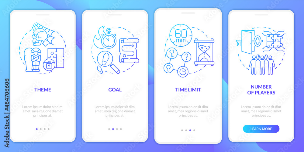 Aufkleber escape rooms elements blue gradient onboarding mobile app screen. walkthrough 4 steps graphic instru