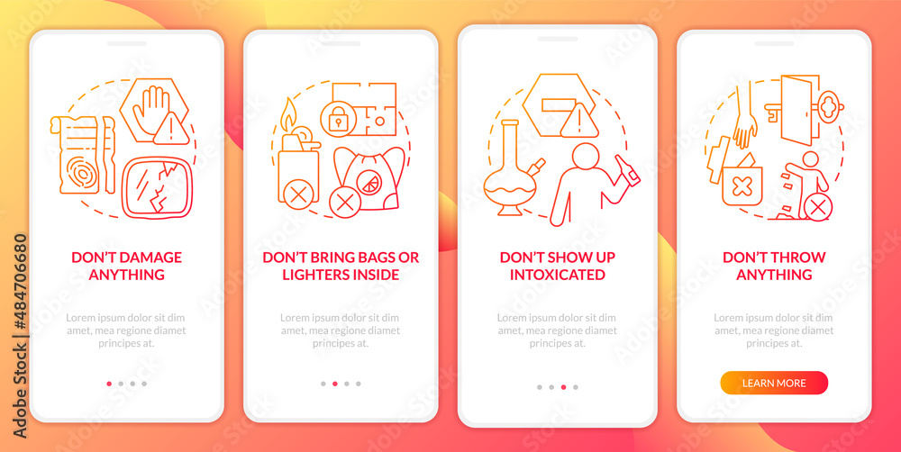 Poster escape room regulations red gradient onboarding mobile app screen. walkthrough 4 steps graphic instr