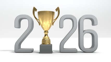 3D illustration of the year 2026 with trophy