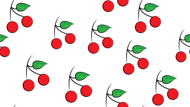 vector illustration. pattern. red small cherry on a white background. two cherries on a brown twig with a green leaf. wallpaper for cafe. decor for walls. seamless illustration
