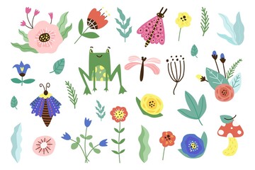 Vector set of cute hand drawn flowers and nature elements