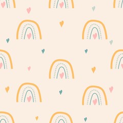 Seamless childish pattern with hand drawn rainbows and hearts.Kids texture for fabric, wrapping, textile, wallpaper, apparel. Vector illustration