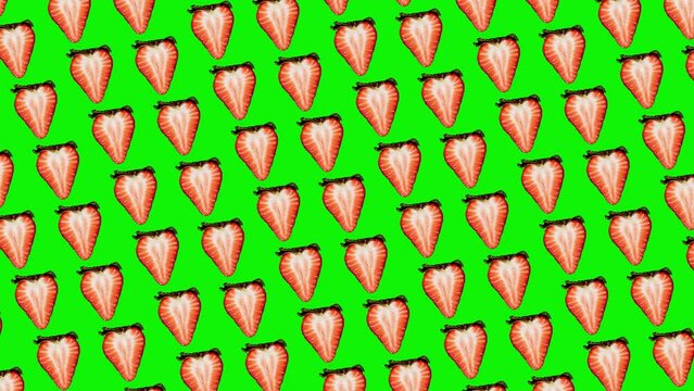 Fresh strawberry. Half of a berry with green leaves pattern animated on a isolated background. advertising concept /High quality 4k sweets footage. Minimal motion design graphics art. Summer raw fruit