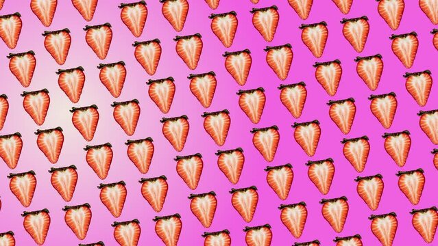 This stock motion graphics video shows a moving pattern background of Strawberry slices with green leaves. 3 in 1 animation: a wiggle and Rotating Background is a tessellated image background. It slow