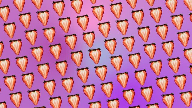 A nice colorful  3 in 1 animation: a wiggle and rotates animations for 10 sec pattern made of Half of a berry with green leaves, on trending purple multi colored animated background. not loopable. 