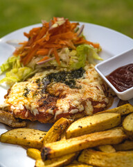 pescado frito, toston, comida tradicional de la costa colombiana, comida deliciosa, en platos blancos con fondos de madera. fideos a la pescadora, todo sobre la costa. milanesa napolitana